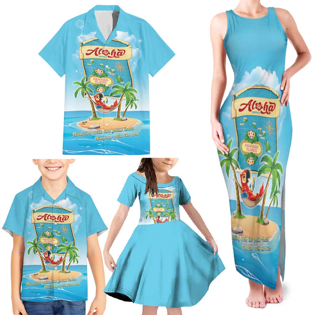 Aloha Hawaii Family Matching Tank Maxi Dress and Hawaiian Shirt Funny Macaw Parrot Tropical Vibe