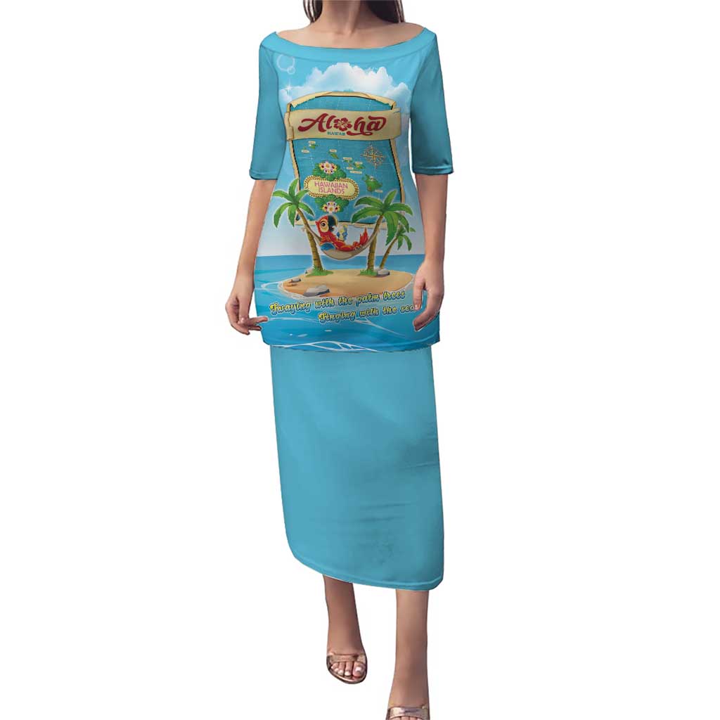 Aloha Hawaii Puletasi Funny Macaw Parrot Tropical Vibe LT05 Long Dress Blue - Polynesian Pride