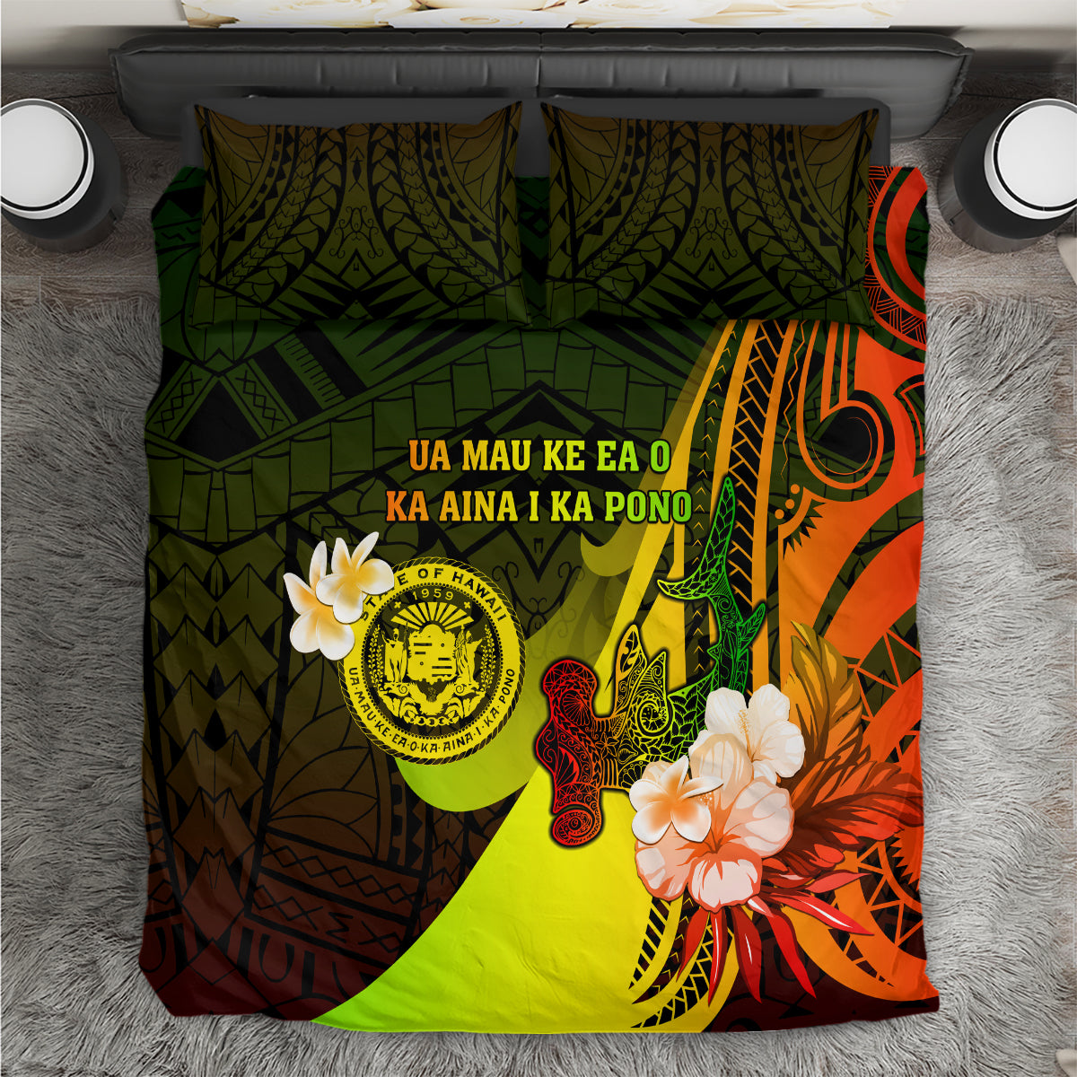 Hawaii State Motto Bedding Set Hawaiian Tribal Reggae Hammerhead Shark LT05 Reggae - Polynesian Pride