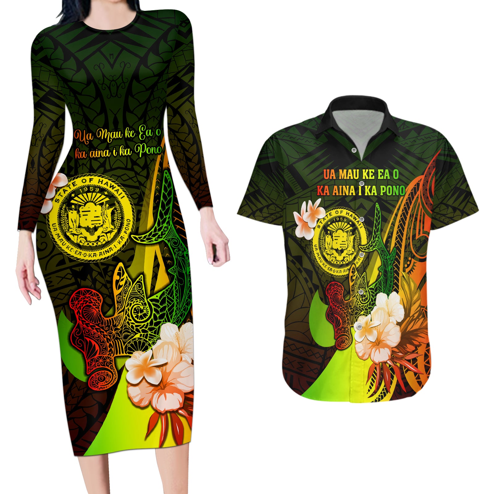 Personalised Hawaii State Motto Couples Matching Long Sleeve Bodycon Dress and Hawaiian Shirt Hawaiian Tribal Reggae Hammerhead Shark LT05 Reggae - Polynesian Pride