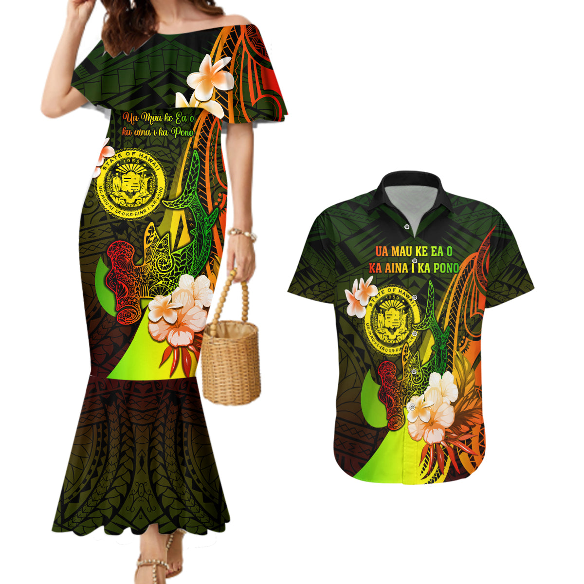 Personalised Hawaii State Motto Couples Matching Mermaid Dress and Hawaiian Shirt Hawaiian Tribal Reggae Hammerhead Shark LT05 Reggae - Polynesian Pride