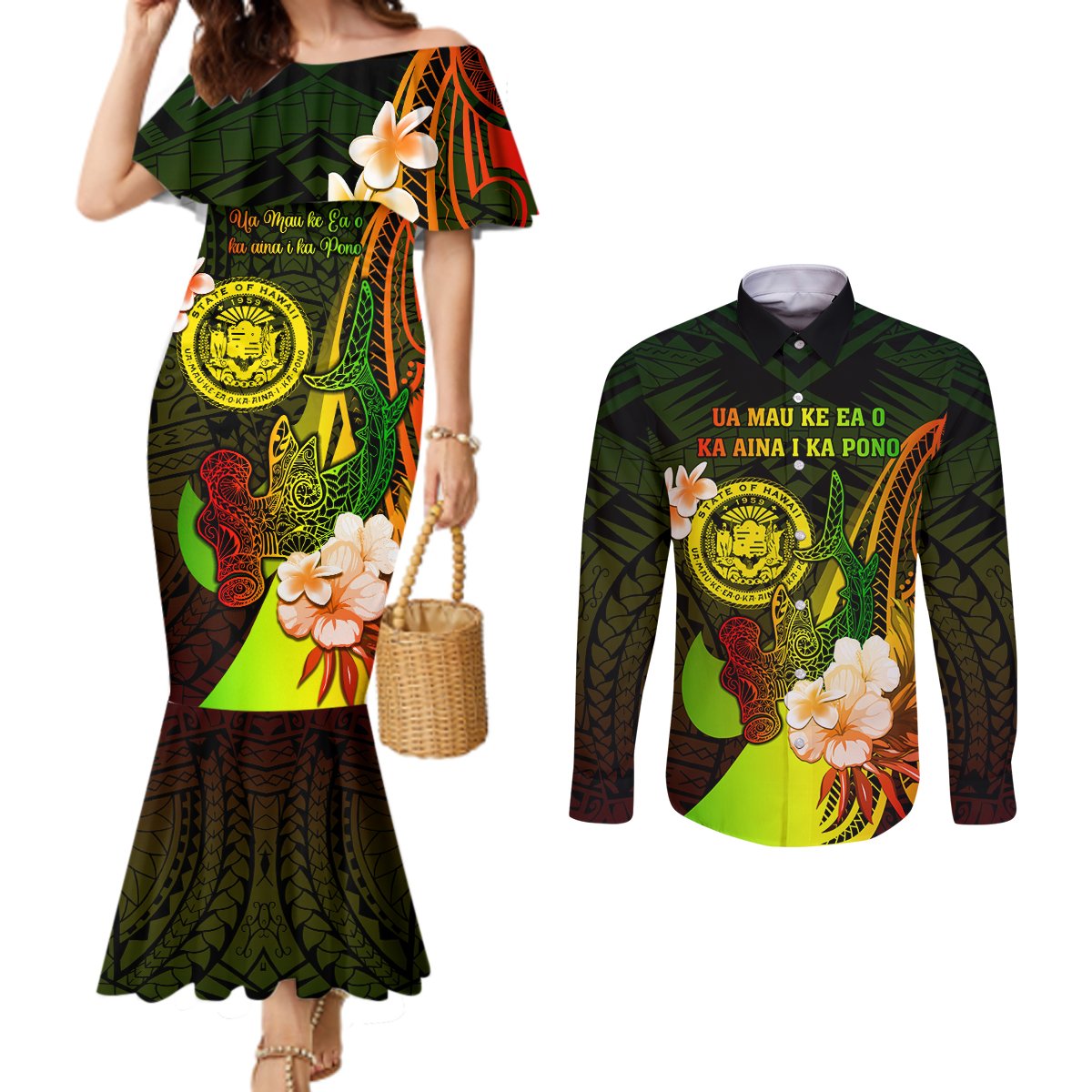 Personalised Hawaii State Motto Couples Matching Mermaid Dress and Long Sleeve Button Shirt Hawaiian Tribal Reggae Hammerhead Shark LT05 Reggae - Polynesian Pride