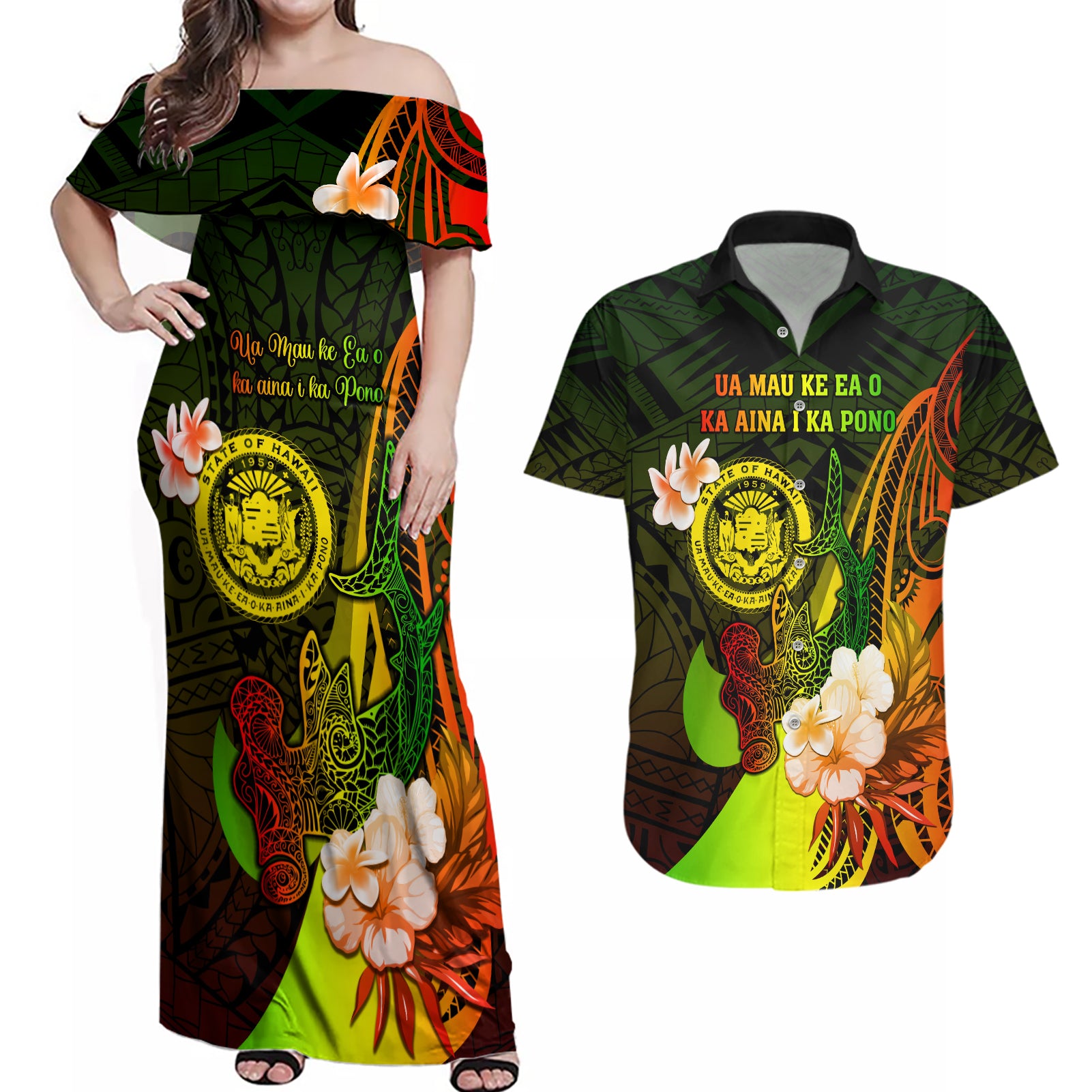 Personalised Hawaii State Motto Couples Matching Off Shoulder Maxi Dress and Hawaiian Shirt Hawaiian Tribal Reggae Hammerhead Shark LT05 Reggae - Polynesian Pride