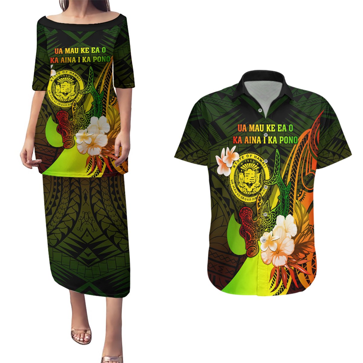 Personalised Hawaii State Motto Couples Matching Puletasi and Hawaiian Shirt Hawaiian Tribal Reggae Hammerhead Shark LT05 Reggae - Polynesian Pride