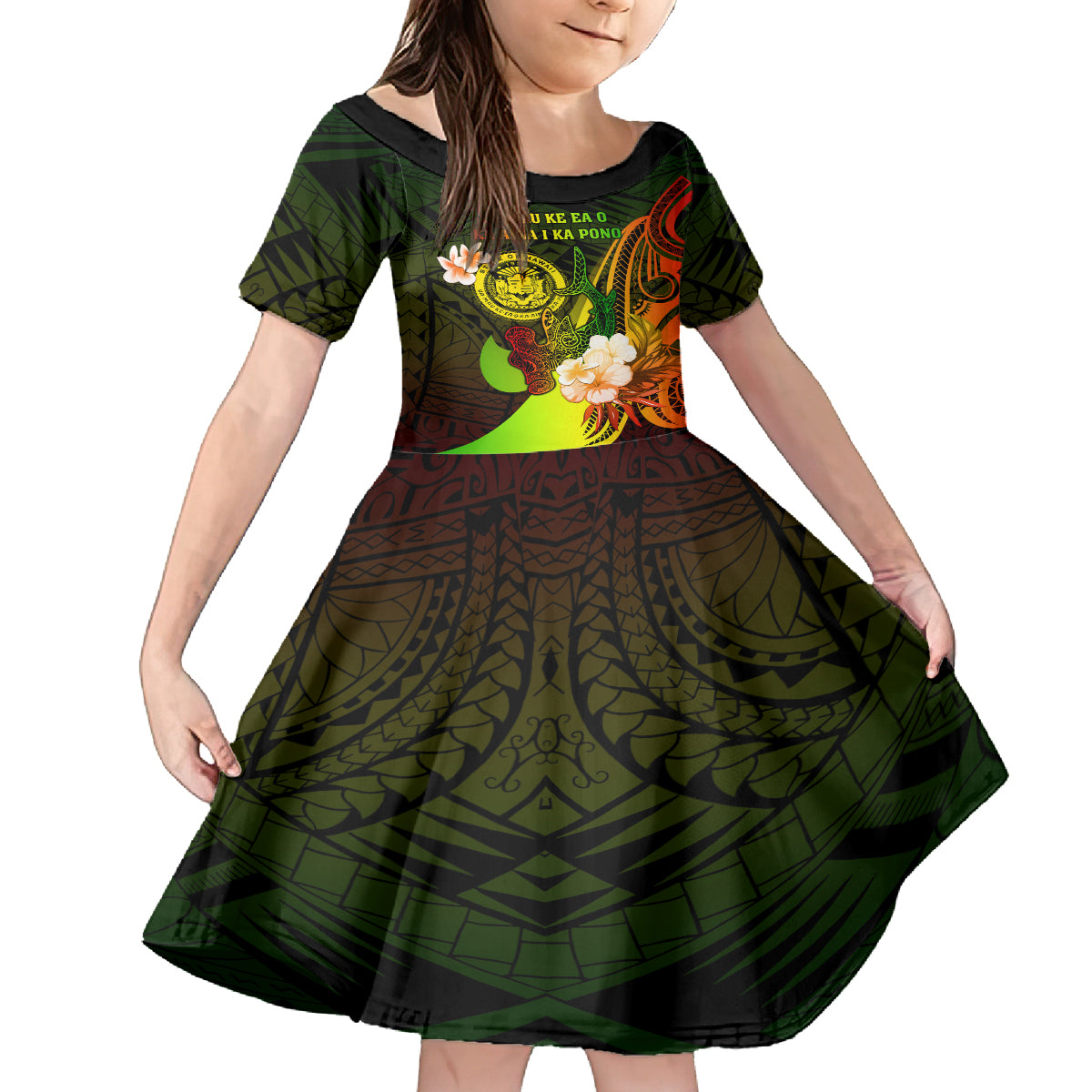 Personalised Hawaii State Motto Family Matching Long Sleeve Bodycon Dress and Hawaiian Shirt Hawaiian Tribal Reggae Hammerhead Shark LT05 Daughter's Dress Reggae - Polynesian Pride