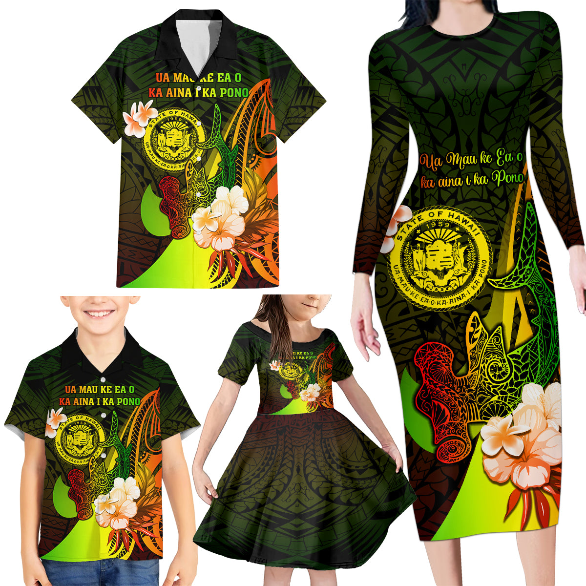 Personalised Hawaii State Motto Family Matching Long Sleeve Bodycon Dress and Hawaiian Shirt Hawaiian Tribal Reggae Hammerhead Shark LT05 - Polynesian Pride