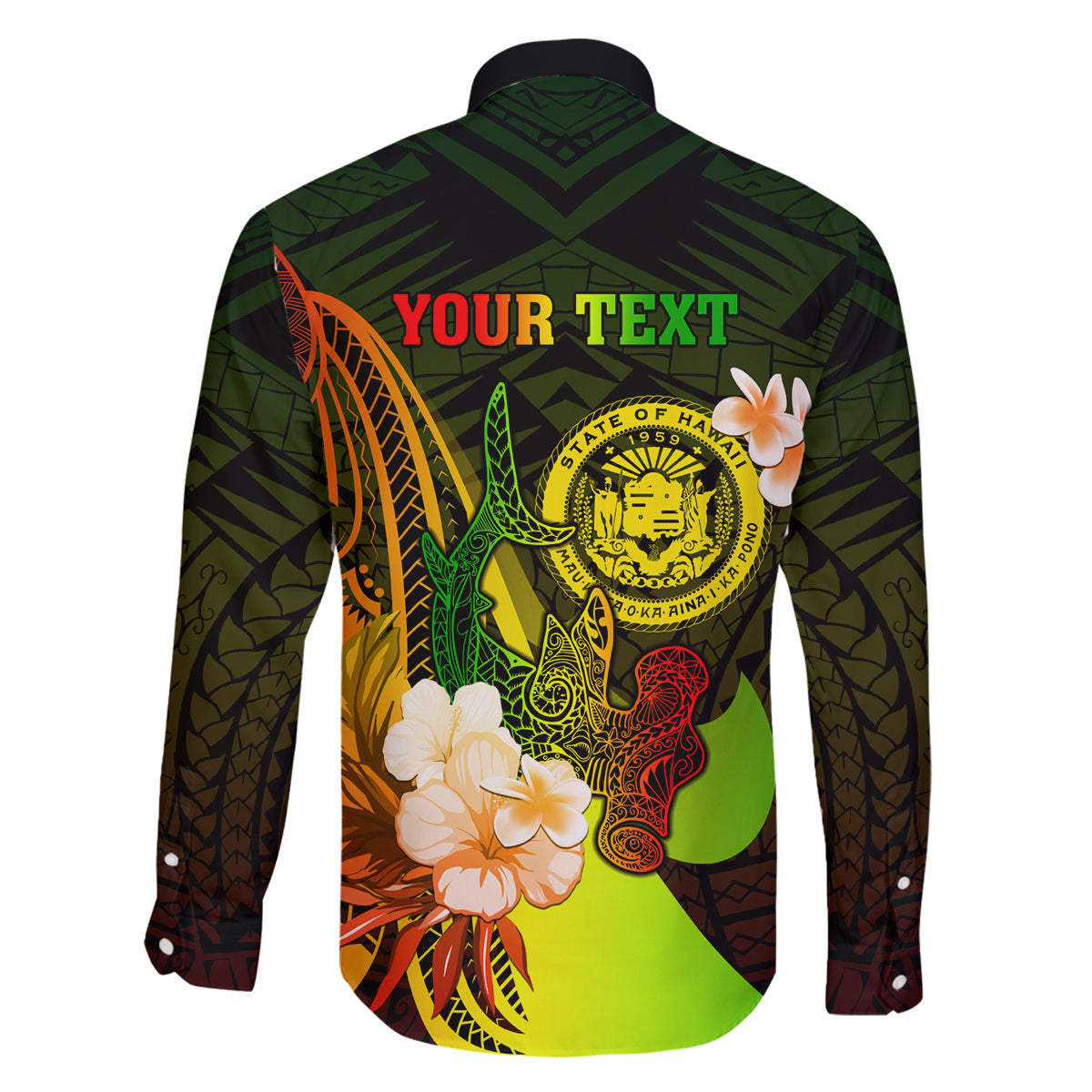 Personalised Hawaii State Motto Family Matching Long Sleeve Bodycon Dress and Hawaiian Shirt Hawaiian Tribal Reggae Hammerhead Shark LT05 - Polynesian Pride