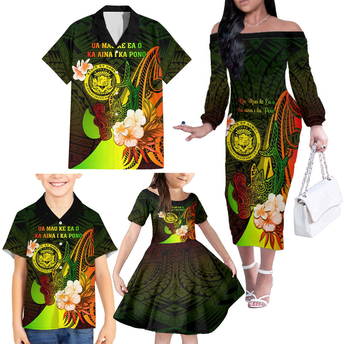 Personalised Hawaii State Motto Family Matching Off Shoulder Long Sleeve Dress and Hawaiian Shirt Hawaiian Tribal Reggae Hammerhead Shark LT05 - Polynesian Pride