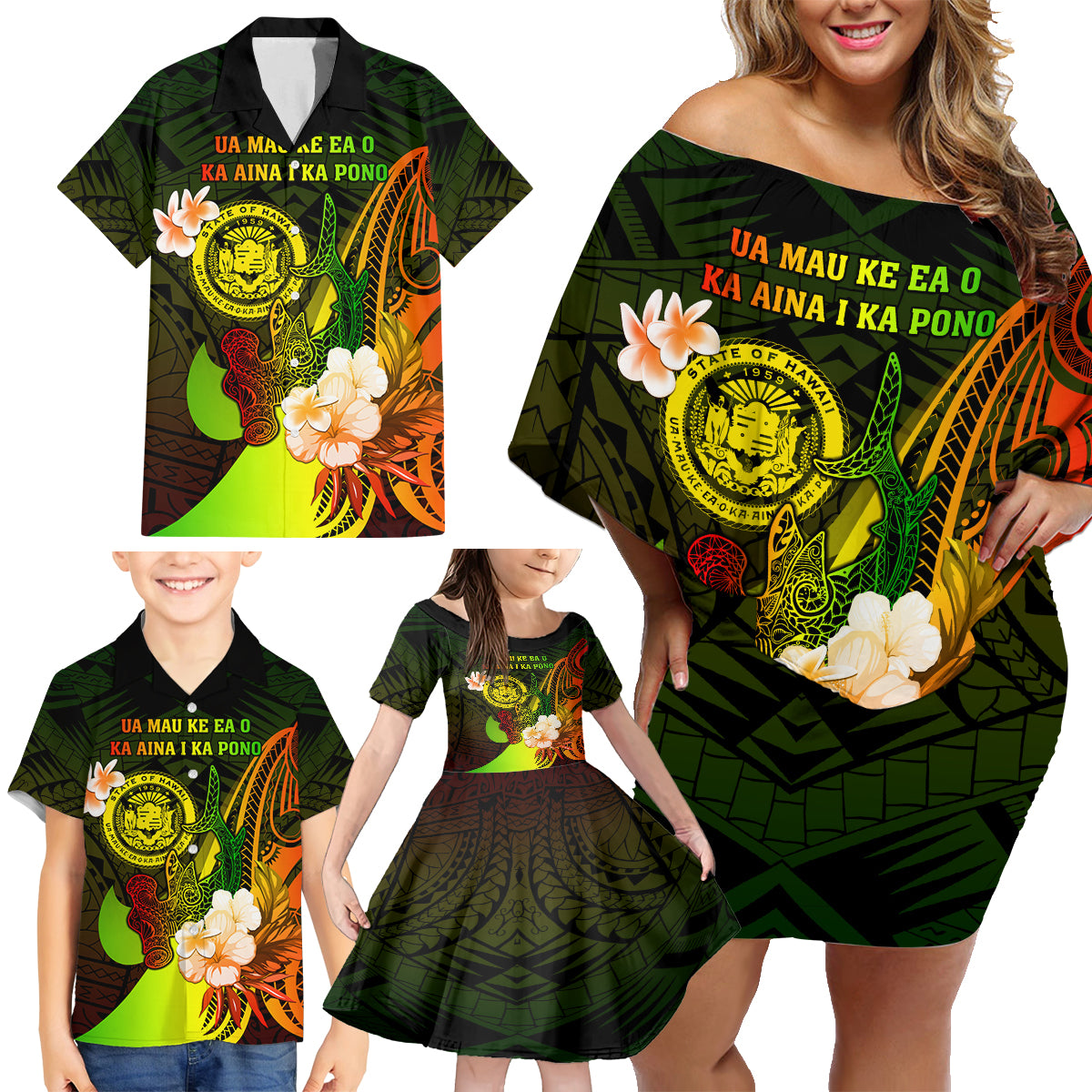 Personalised Hawaii State Motto Family Matching Off Shoulder Short Dress and Hawaiian Shirt Hawaiian Tribal Reggae Hammerhead Shark LT05 - Polynesian Pride