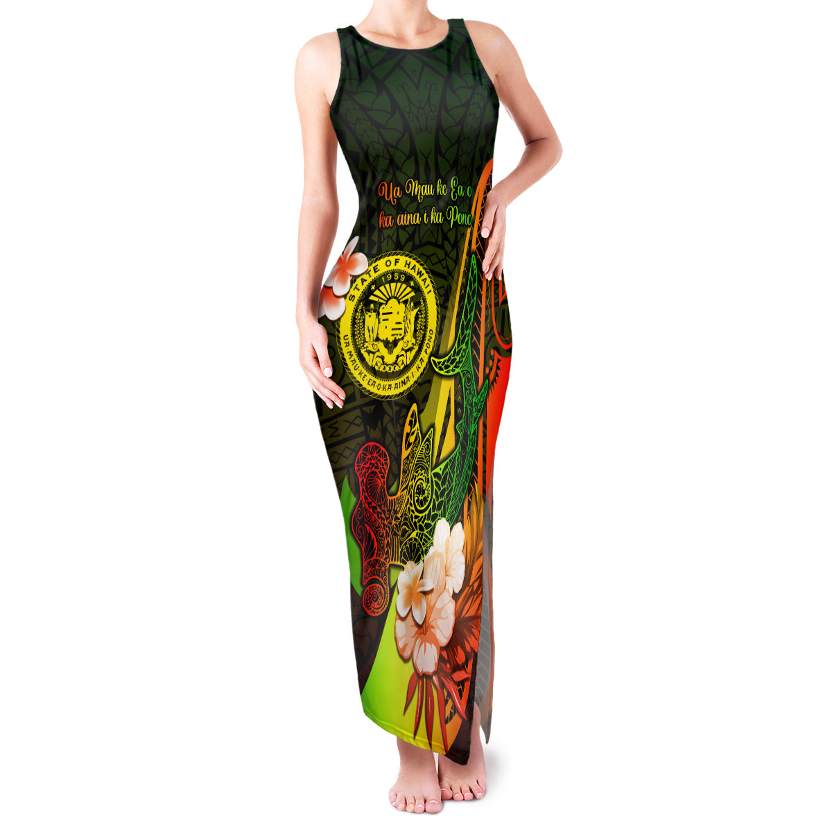 Personalised Hawaii State Motto Family Matching Tank Maxi Dress and Hawaiian Shirt Hawaiian Tribal Reggae Hammerhead Shark LT05 Mom's Dress Reggae - Polynesian Pride