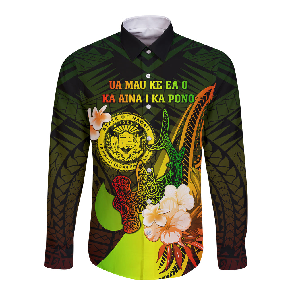 Personalised Hawaii State Motto Long Sleeve Button Shirt Hawaiian Tribal Reggae Hammerhead Shark LT05 Unisex Reggae - Polynesian Pride