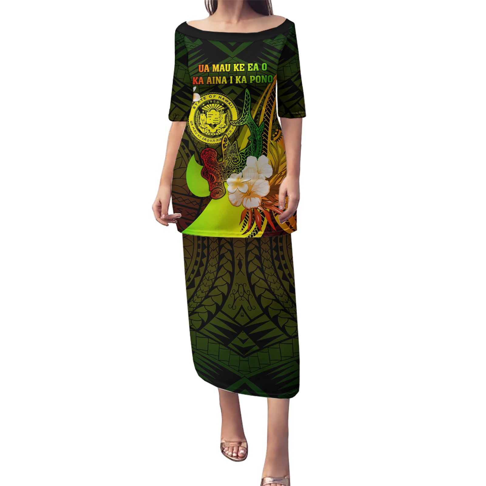 Personalised Hawaii State Motto Puletasi Hawaiian Tribal Reggae Hammerhead Shark LT05 Long Dress Reggae - Polynesian Pride