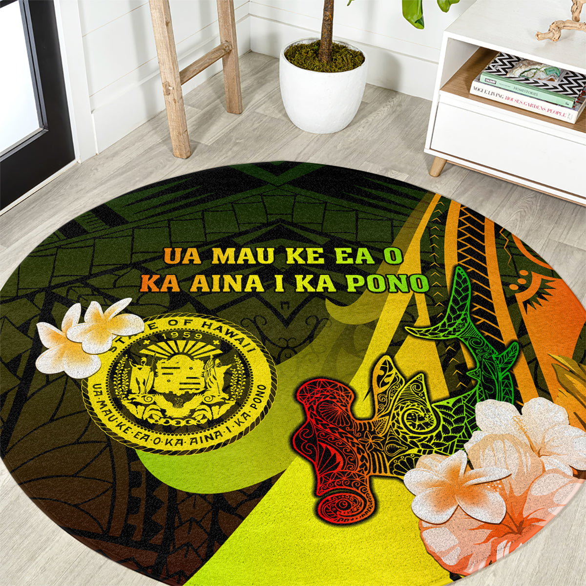 Hawaii State Motto Round Carpet Hawaiian Tribal Reggae Hammerhead Shark LT05 Reggae - Polynesian Pride