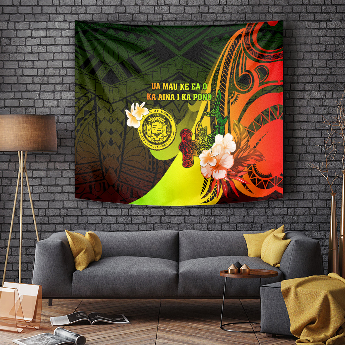 Hawaii State Motto Tapestry Hawaiian Tribal Reggae Hammerhead Shark LT05 Reggae - Polynesian Pride