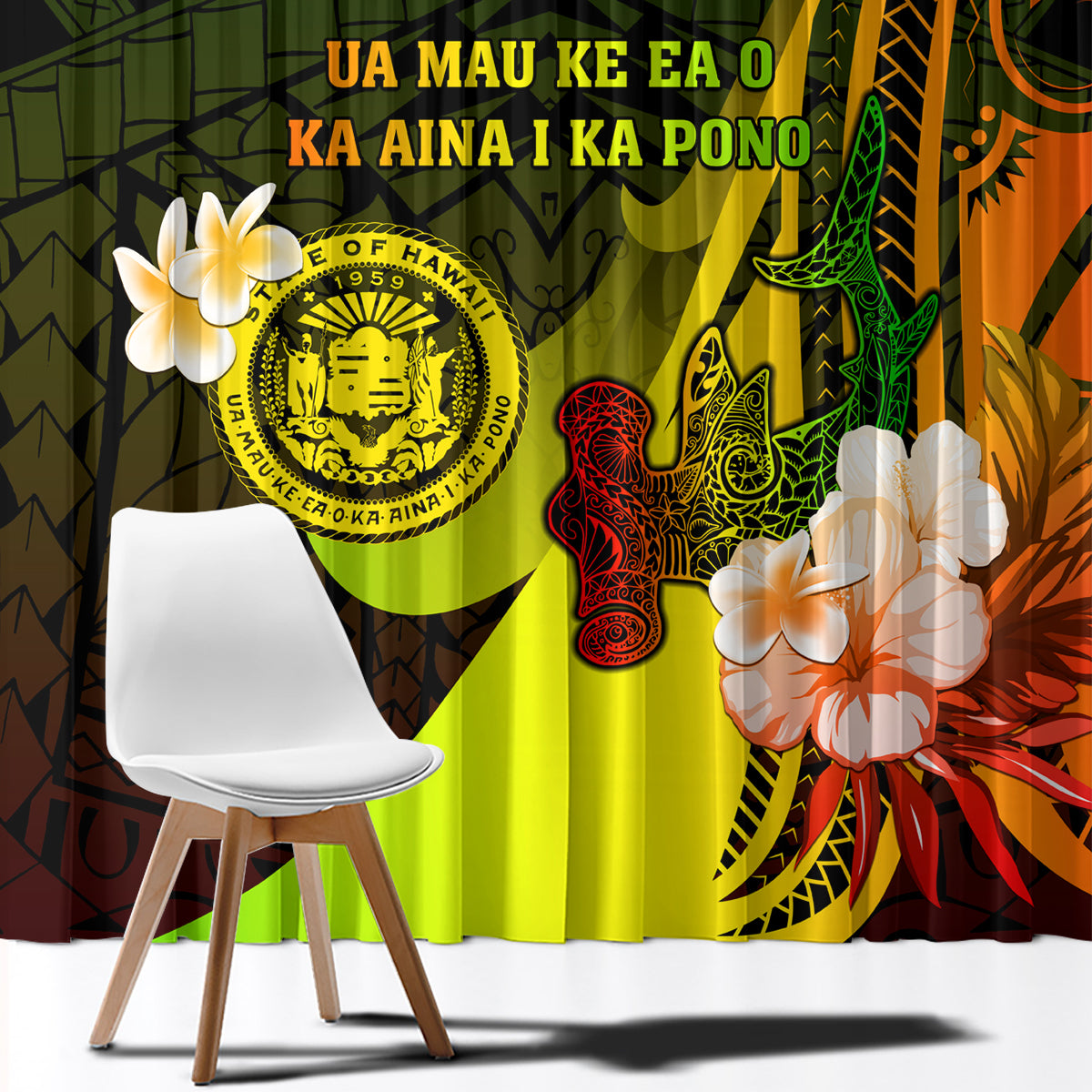 Hawaii State Motto Window Curtain Hawaiian Tribal Reggae Hammerhead Shark LT05 - Polynesian Pride