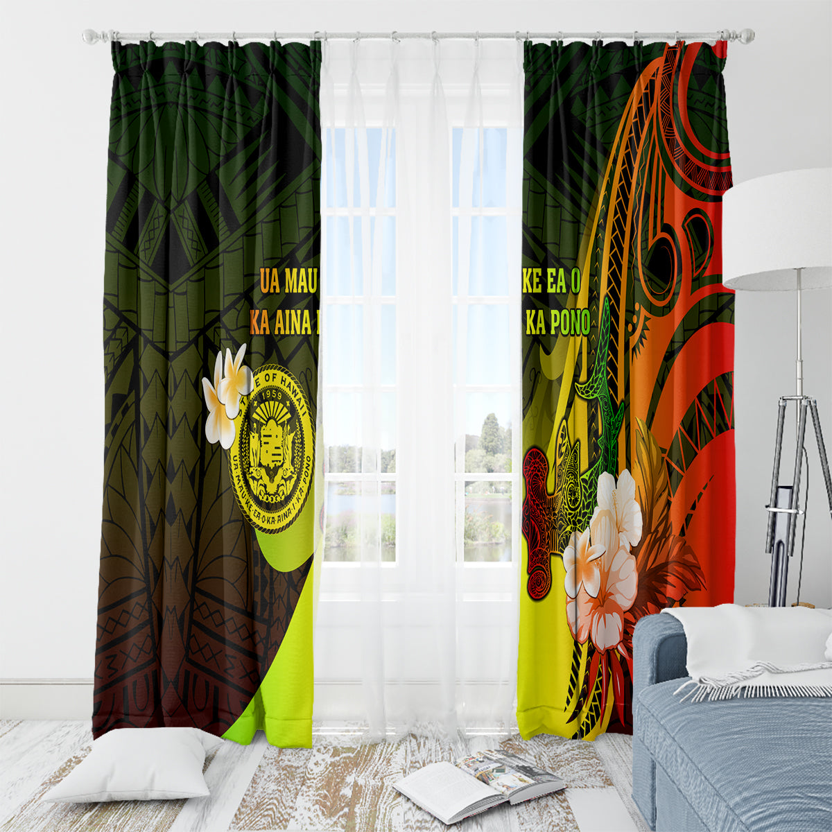 Hawaii State Motto Window Curtain Hawaiian Tribal Reggae Hammerhead Shark LT05 - Polynesian Pride