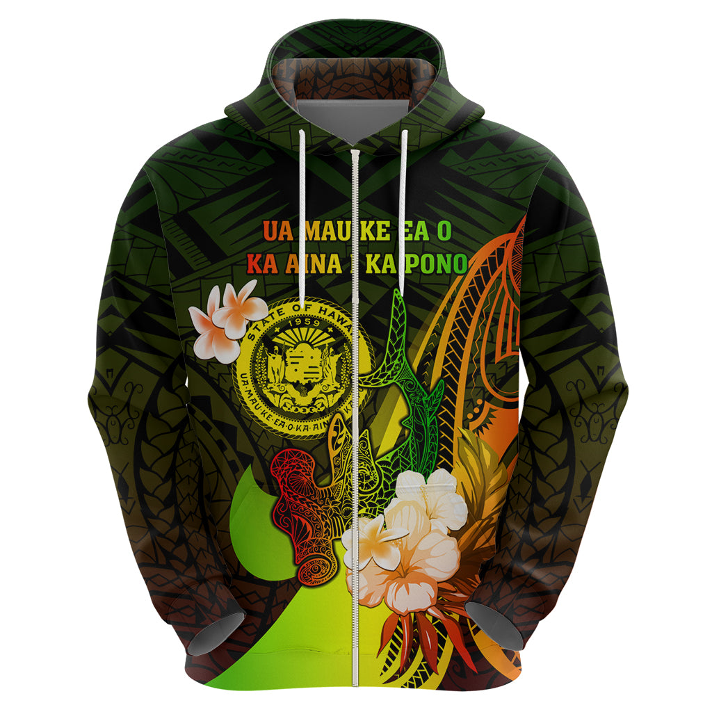 Personalised Hawaii State Motto Zip Hoodie Hawaiian Tribal Reggae Hammerhead Shark LT05 - Polynesian Pride