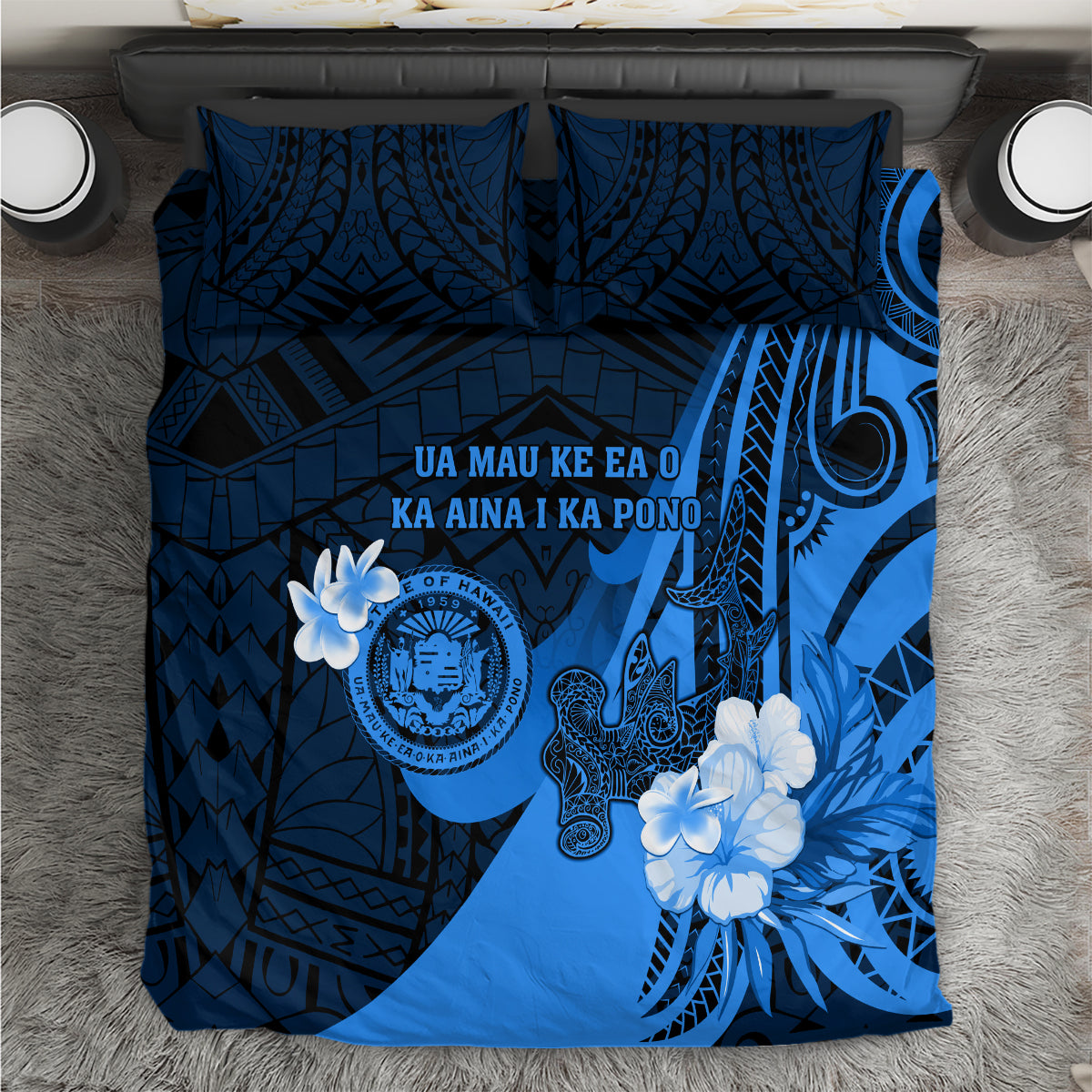 Hawaii State Motto Bedding Set Hawaiian Tribal Blue Hammerhead Shark LT05 Blue - Polynesian Pride