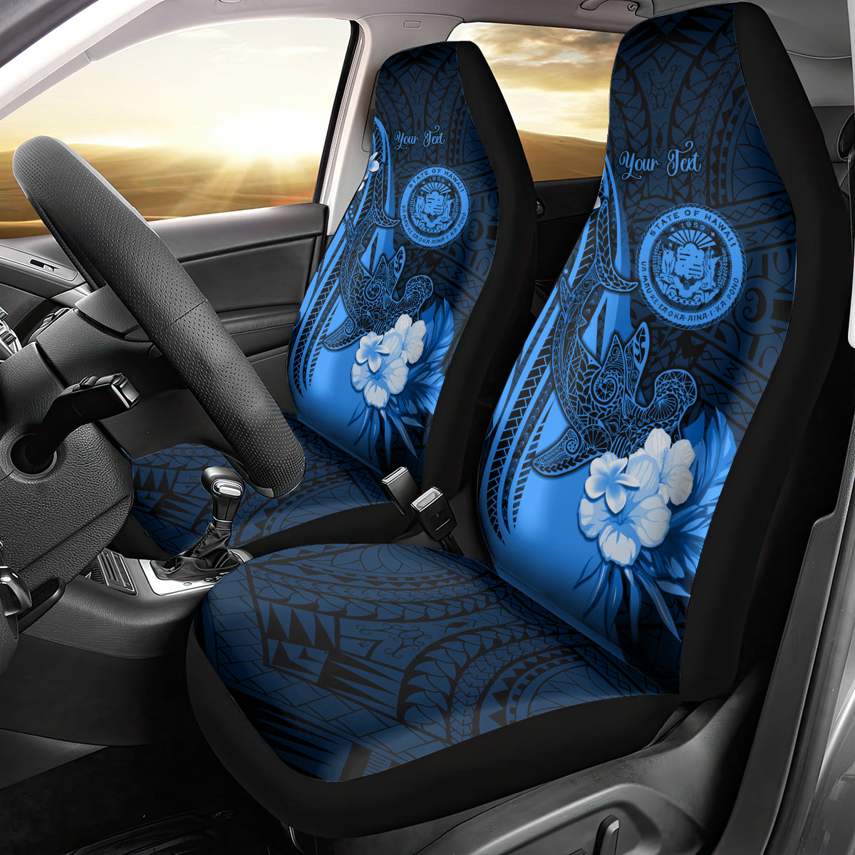 Personalised Hawaii State Motto Car Seat Cover Hawaiian Tribal Blue Hammerhead Shark LT05 - Polynesian Pride