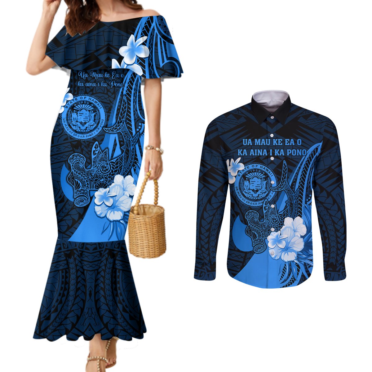 Personalised Hawaii State Motto Couples Matching Mermaid Dress and Long Sleeve Button Shirt Hawaiian Tribal Blue Hammerhead Shark LT05 Blue - Polynesian Pride