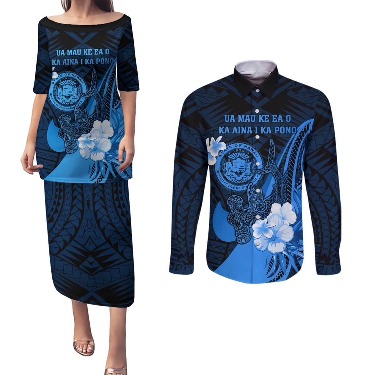 Personalised Hawaii State Motto Couples Matching Puletasi and Long Sleeve Button Shirt Hawaiian Tribal Blue Hammerhead Shark LT05 Blue - Polynesian Pride
