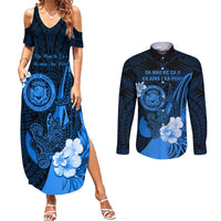 Personalised Hawaii State Motto Couples Matching Summer Maxi Dress and Long Sleeve Button Shirt Hawaiian Tribal Blue Hammerhead Shark LT05 Blue - Polynesian Pride