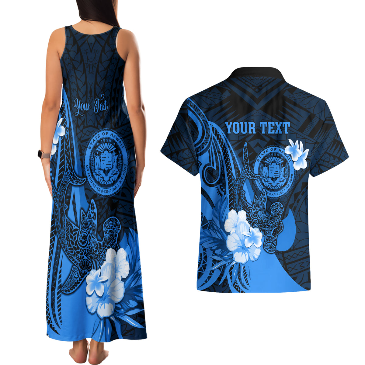 Personalised Hawaii State Motto Couples Matching Tank Maxi Dress and Hawaiian Shirt Hawaiian Tribal Blue Hammerhead Shark LT05 - Polynesian Pride