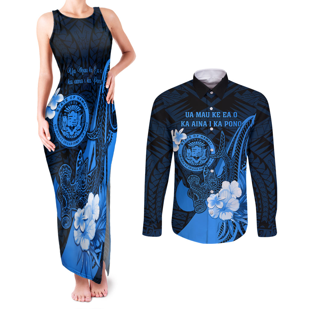 Personalised Hawaii State Motto Couples Matching Tank Maxi Dress and Long Sleeve Button Shirt Hawaiian Tribal Blue Hammerhead Shark LT05 Blue - Polynesian Pride