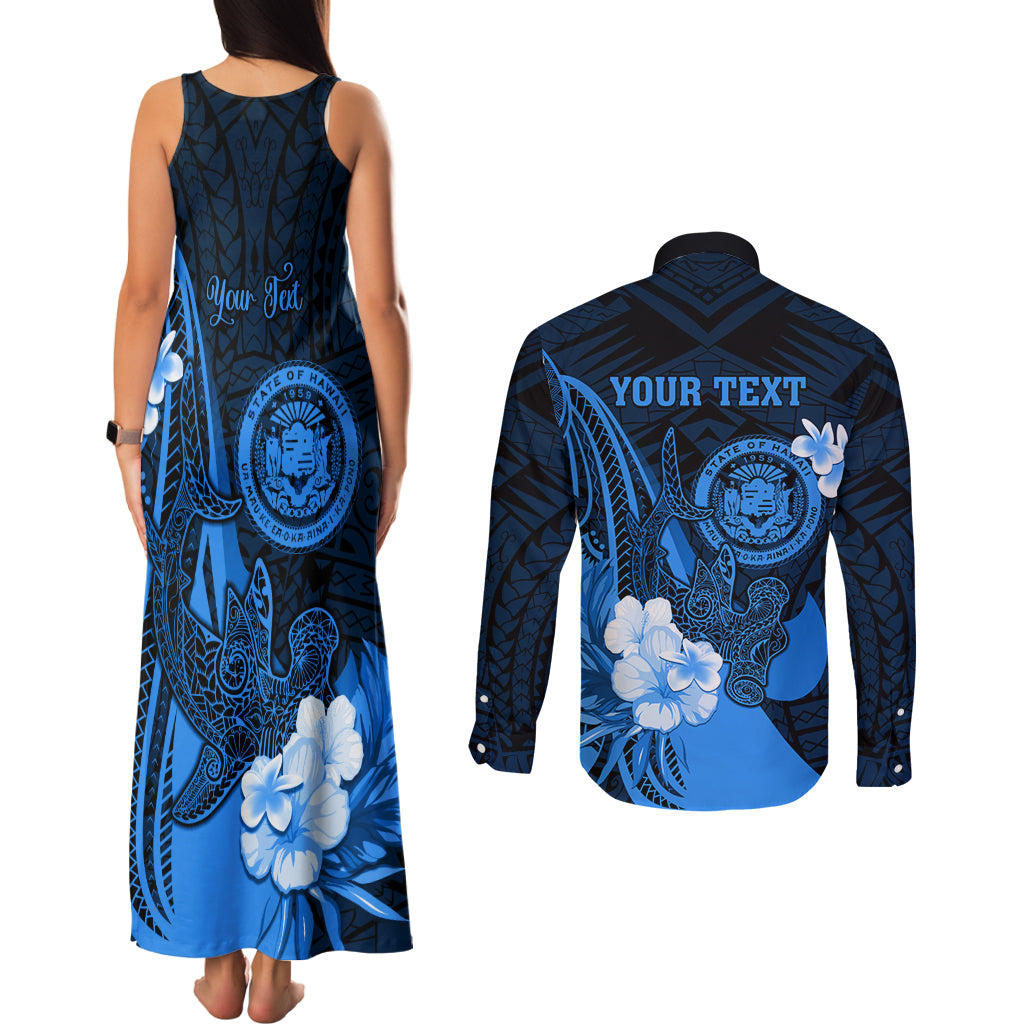 Personalised Hawaii State Motto Couples Matching Tank Maxi Dress and Long Sleeve Button Shirt Hawaiian Tribal Blue Hammerhead Shark LT05 - Polynesian Pride