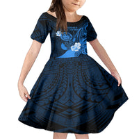 Personalised Hawaii State Motto Family Matching Long Sleeve Bodycon Dress and Hawaiian Shirt Hawaiian Tribal Blue Hammerhead Shark LT05 Daughter's Dress Blue - Polynesian Pride