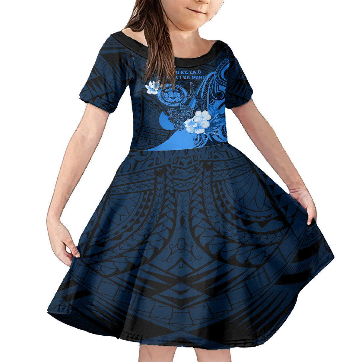 Personalised Hawaii State Motto Family Matching Off Shoulder Long Sleeve Dress and Hawaiian Shirt Hawaiian Tribal Blue Hammerhead Shark LT05 Daughter's Dress Blue - Polynesian Pride