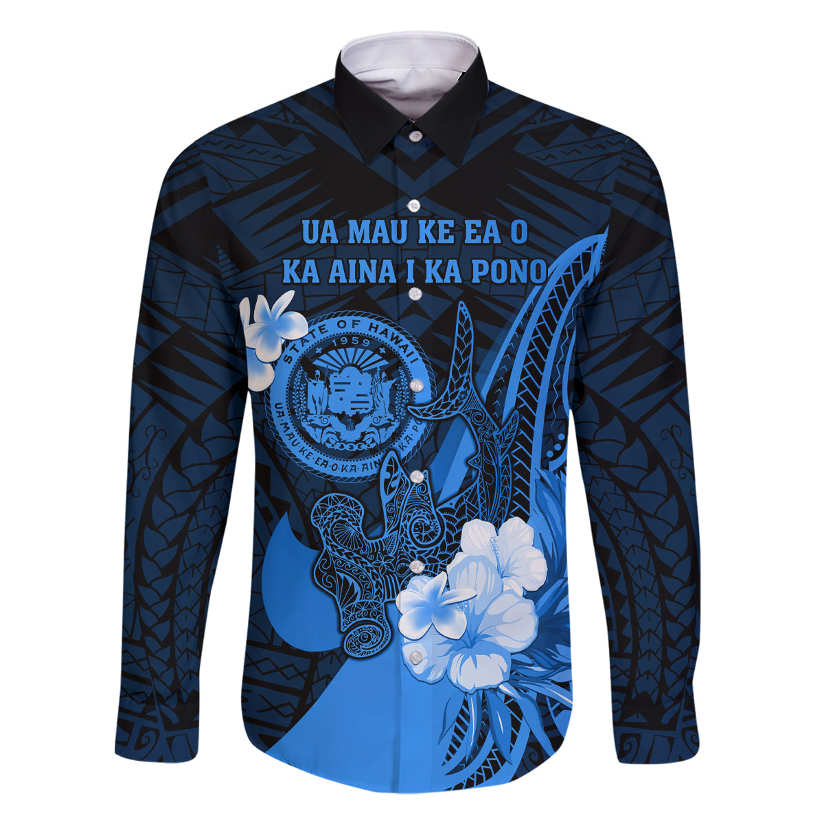 Personalised Hawaii State Motto Family Matching Off Shoulder Short Dress and Hawaiian Shirt Hawaiian Tribal Blue Hammerhead Shark LT05 Dad's Shirt - Long Sleeve Blue - Polynesian Pride