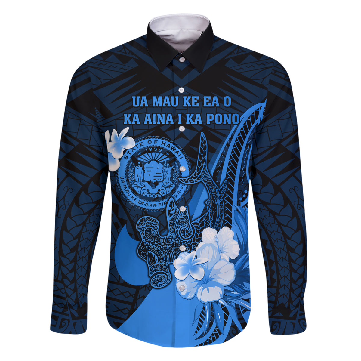 Personalised Hawaii State Motto Family Matching Short Sleeve Bodycon Dress and Hawaiian Shirt Hawaiian Tribal Blue Hammerhead Shark LT05 Dad's Shirt - Long Sleeve Blue - Polynesian Pride