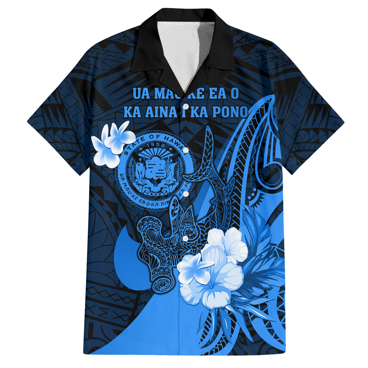 Personalised Hawaii State Motto Family Matching Tank Maxi Dress and Hawaiian Shirt Hawaiian Tribal Blue Hammerhead Shark LT05 Dad's Shirt - Short Sleeve Blue - Polynesian Pride