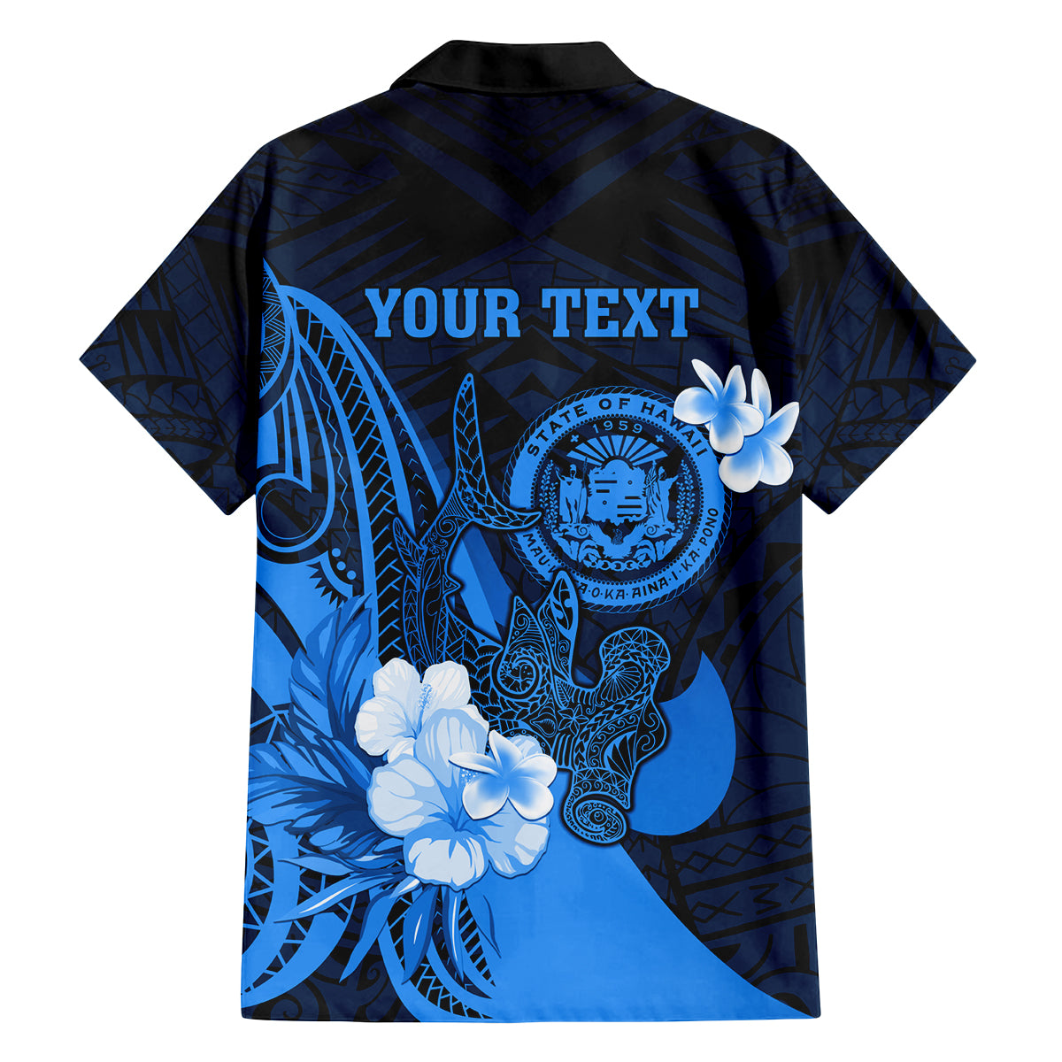 Personalised Hawaii State Motto Family Matching Tank Maxi Dress and Hawaiian Shirt Hawaiian Tribal Blue Hammerhead Shark LT05 - Polynesian Pride