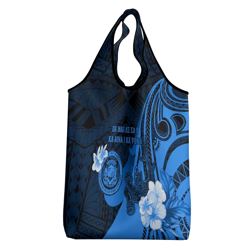 Hawaii State Motto Grocery Bag Hawaiian Tribal Blue Hammerhead Shark