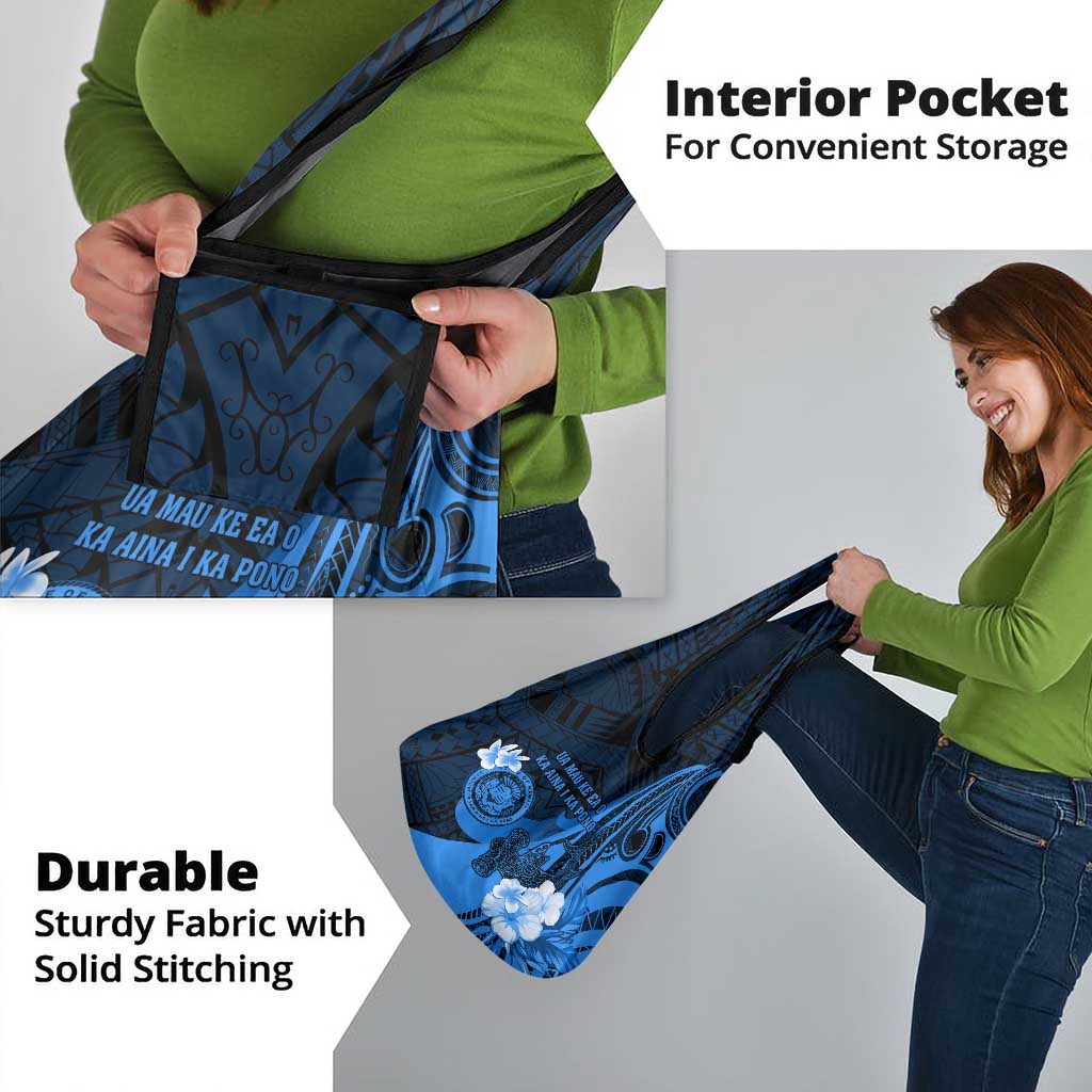 Hawaii State Motto Grocery Bag Hawaiian Tribal Blue Hammerhead Shark