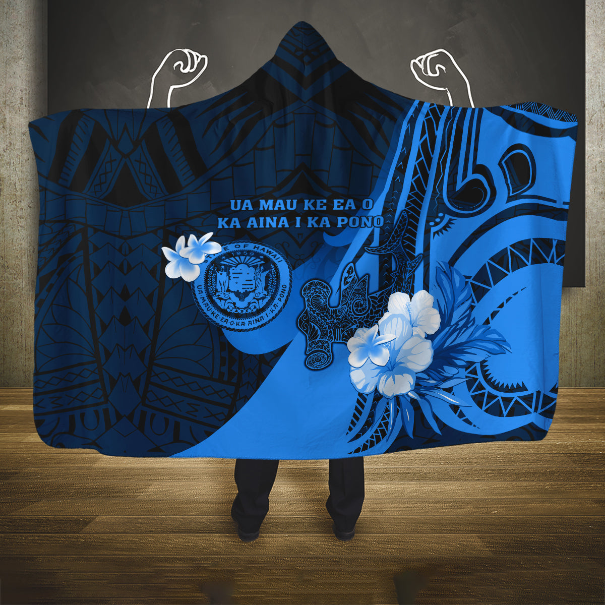 Hawaii State Motto Hooded Blanket Hawaiian Tribal Blue Hammerhead Shark LT05 One Size Blue - Polynesian Pride