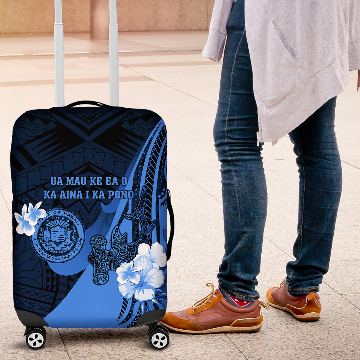 Hawaii State Motto Luggage Cover Hawaiian Tribal Blue Hammerhead Shark LT05 Blue - Polynesian Pride