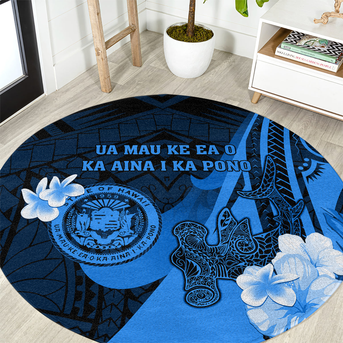 Hawaii State Motto Round Carpet Hawaiian Tribal Blue Hammerhead Shark LT05 Blue - Polynesian Pride