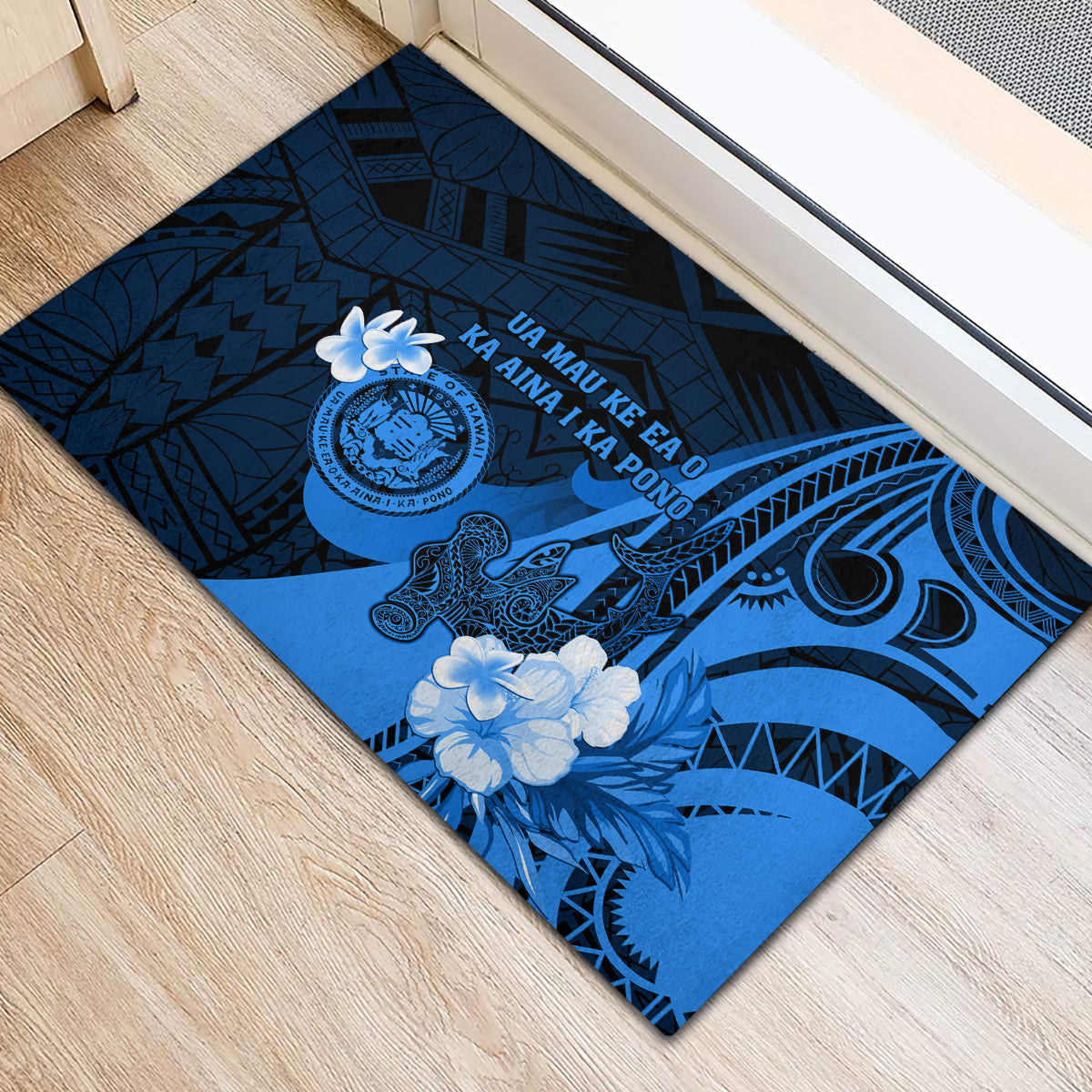Hawaii State Motto Rubber Doormat Hawaiian Tribal Blue Hammerhead Shark LT05 - Polynesian Pride