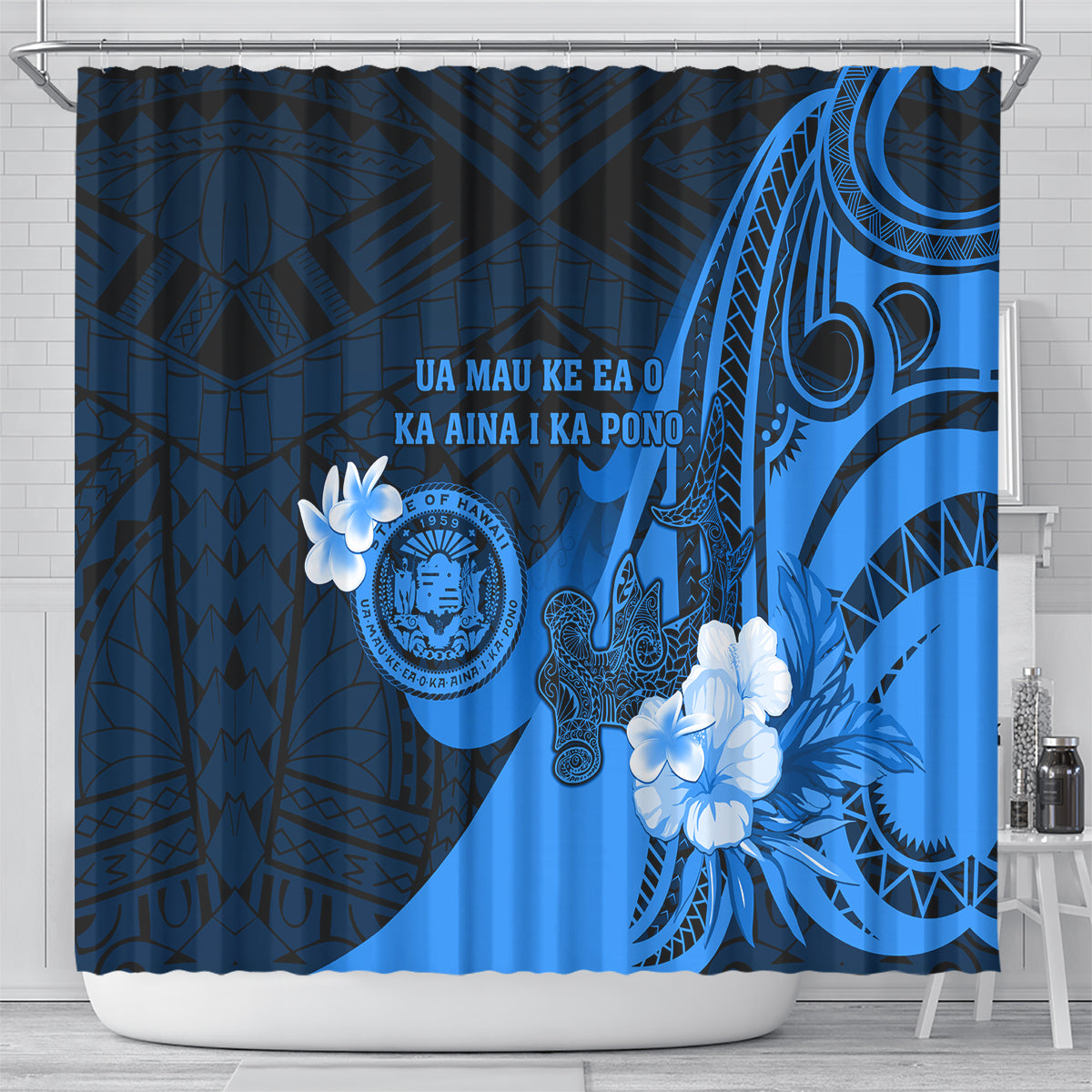 Hawaii State Motto Shower Curtain Hawaiian Tribal Blue Hammerhead Shark LT05 - Polynesian Pride