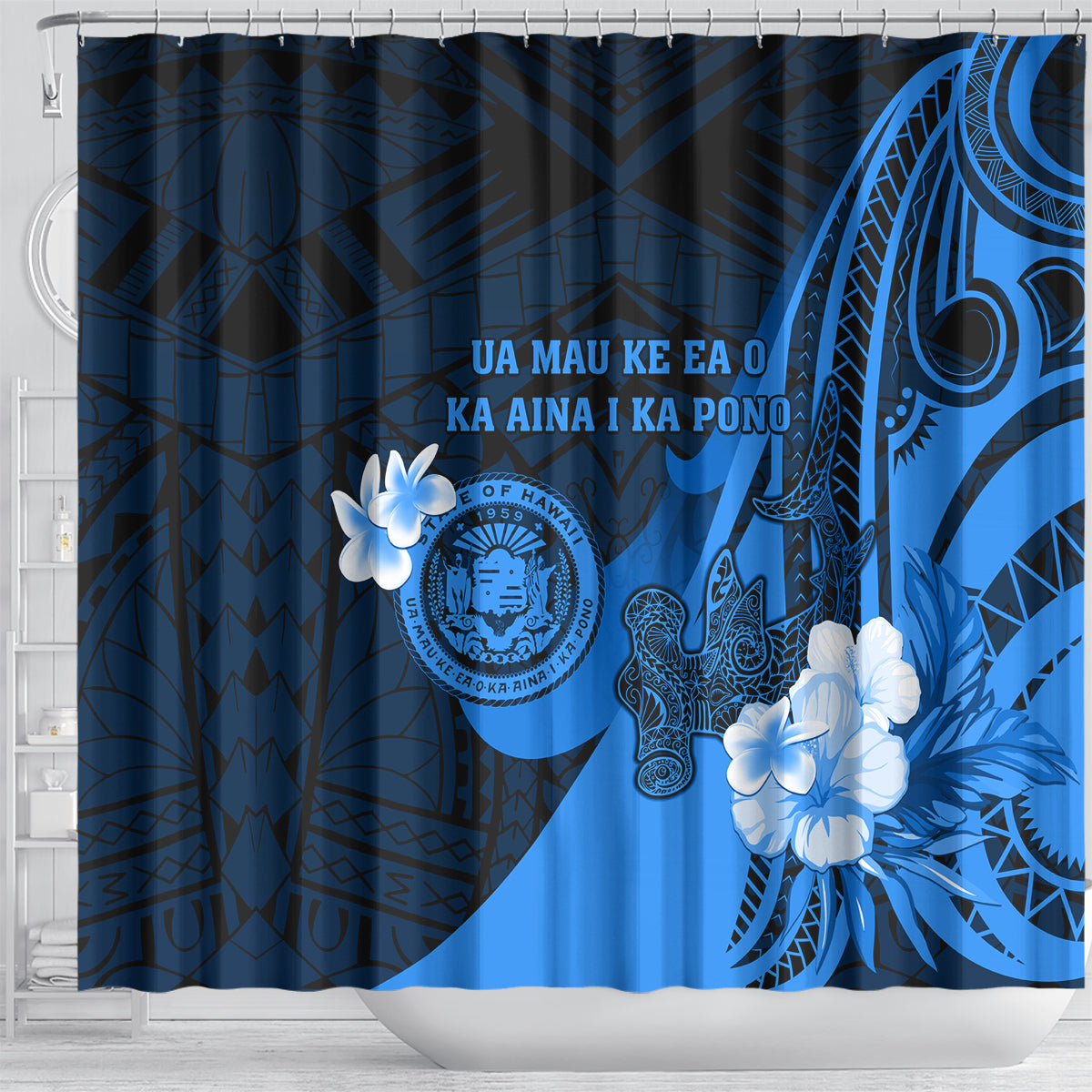Hawaii State Motto Shower Curtain Hawaiian Tribal Blue Hammerhead Shark LT05 - Polynesian Pride