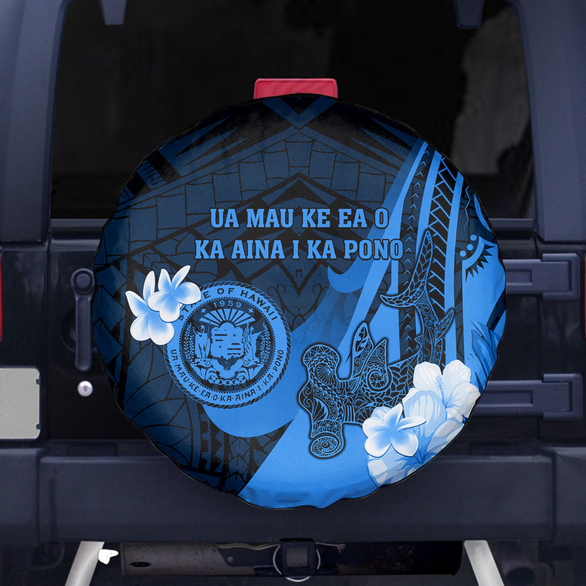 Hawaii State Motto Spare Tire Cover Hawaiian Tribal Blue Hammerhead Shark LT05 Blue - Polynesian Pride