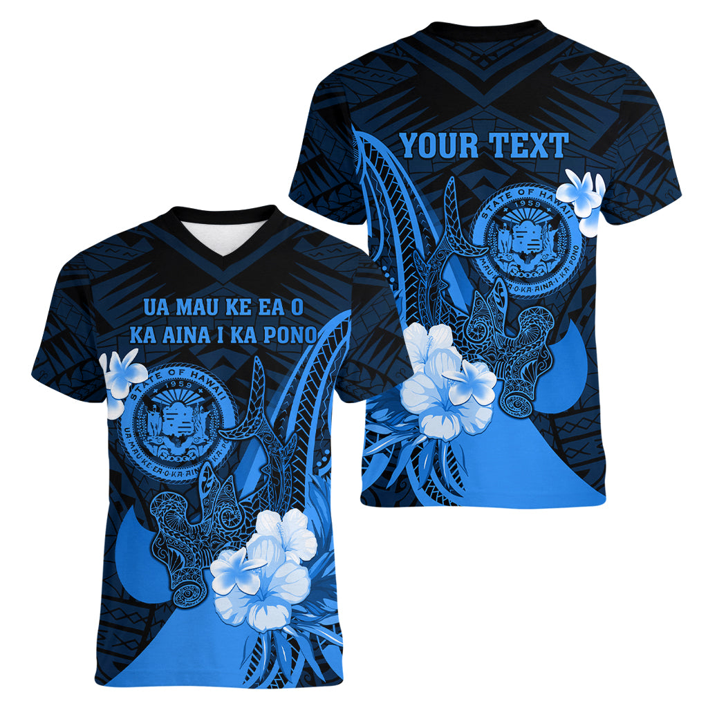 Personalised Hawaii State Motto Women V Neck T Shirt Hawaiian Tribal Blue Hammerhead Shark LT05 - Polynesian Pride