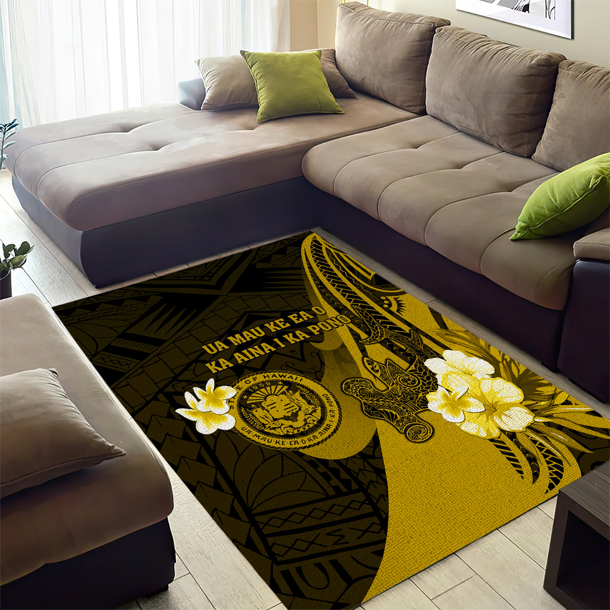 Hawaii State Motto Area Rug Hawaiian Tribal Gold Hammerhead Shark LT05 - Polynesian Pride