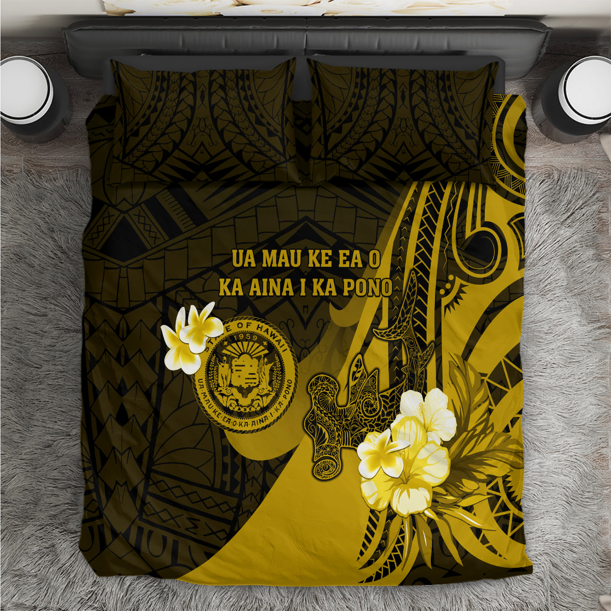 Hawaii State Motto Bedding Set Hawaiian Tribal Gold Hammerhead Shark LT05 Gold - Polynesian Pride