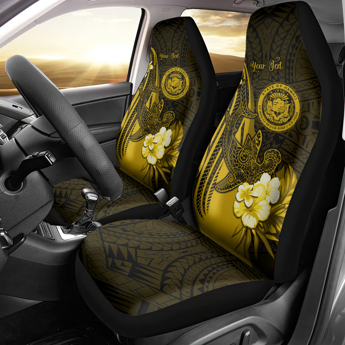 Personalised Hawaii State Motto Car Seat Cover Hawaiian Tribal Gold Hammerhead Shark LT05 - Polynesian Pride