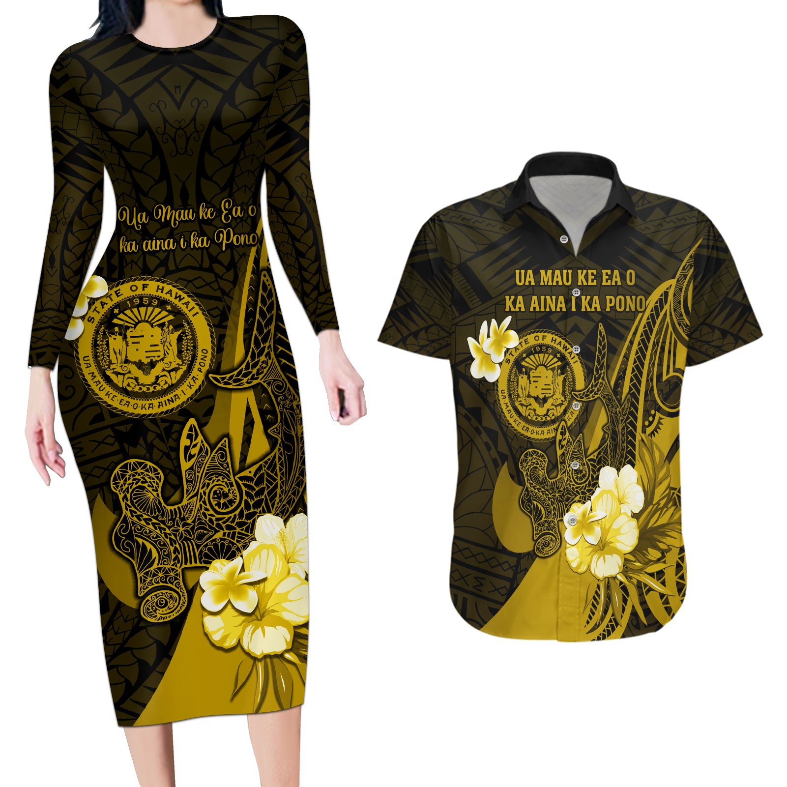 Personalised Hawaii State Motto Couples Matching Long Sleeve Bodycon Dress and Hawaiian Shirt Hawaiian Tribal Gold Hammerhead Shark LT05 Gold - Polynesian Pride