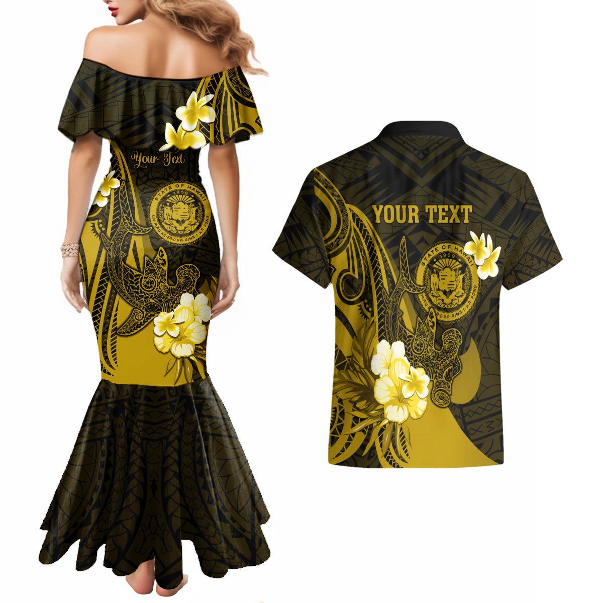 Personalised Hawaii State Motto Couples Matching Mermaid Dress and Hawaiian Shirt Hawaiian Tribal Gold Hammerhead Shark LT05 - Polynesian Pride